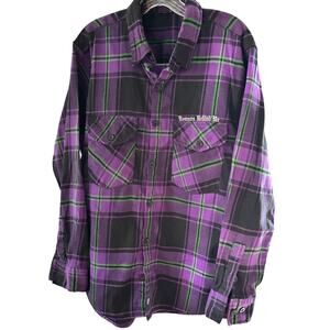 Demons Behind Me Plaid Flannel Shirt Purple Black Skull Patch Men M